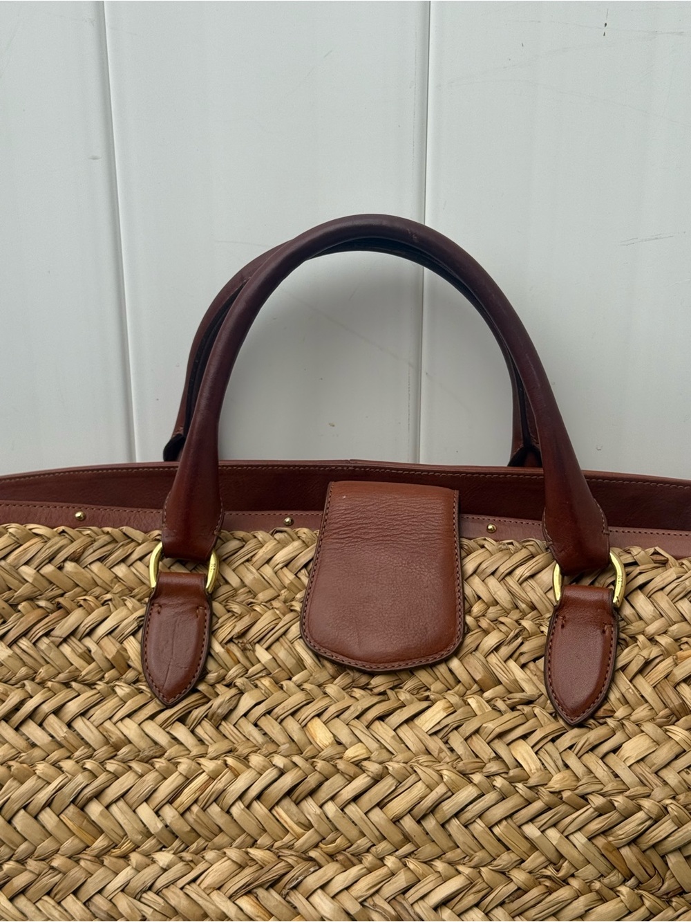 Ralph Lauren Woven Straw Tote Bag with Brown Leather Trim - Picture 5 of 9